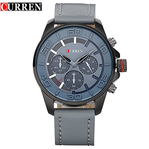 Wasserdicht Herren Fashion Sport Quarz Analog Grau Lederband Handgelenk Uhren 8187 G