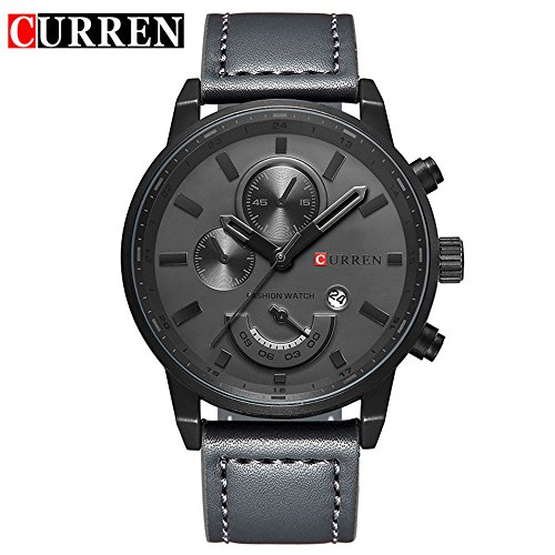 Wasserdicht Herren Sport Uhren Mode Casual Quarzuhr mit grau Zifferblatt Grau Leder Riemen 8217
