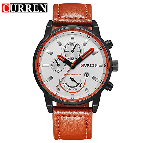 Wasserdicht Herren Sport Uhren Mode mit weissem Zifferblatt braun Lederband 8217