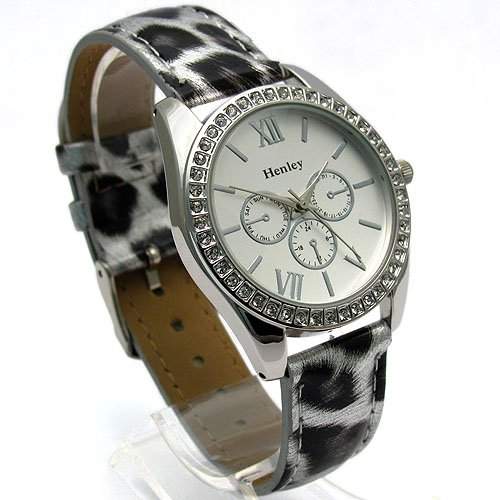 Moderne HENLEY Damen Armbanduhr mit Chrono-Effekt und Diamant besetzter Luenette sowie Leopardendesign PU-Armband H060631