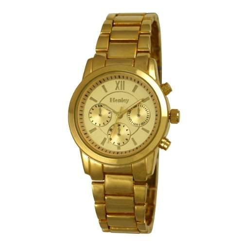 Henley Fashion Armband, mit Deko-Knoepfe WomenEye Zifferblatt und Quarz-Armbanduhr Analog Edelstahl Gold H072292 Armband vergoldet