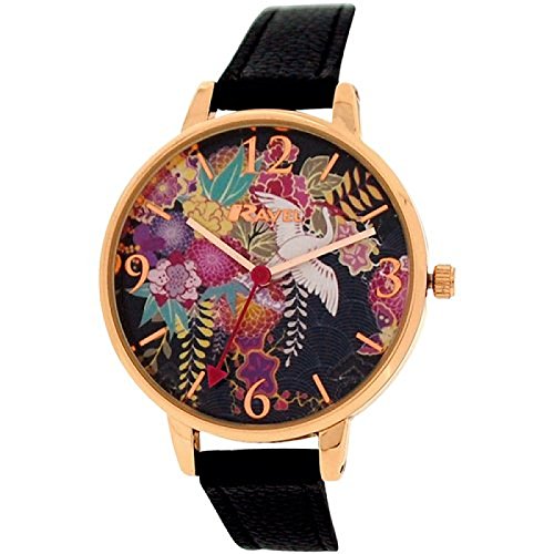 Ravel Fashion Damen Blume mit Rotgold Finish schwarz PU Armbanduhr r0128 03 2