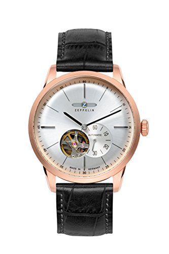 Zeppelin Flatline Automatik Herz offen Herren s Rose Gold Watch Schwarz Band 7362 4