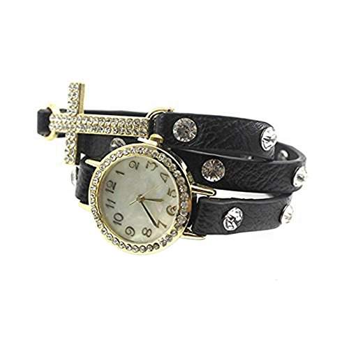 DAYAN Frauen Kreuz Intarsien Strass Lange Leder-Armband Quarz-Armbanduhr schwarz