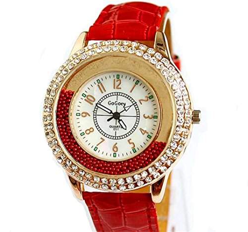 DAYAN Fashion Gogoey Marke Lederband Damen-Quarz-Armbanduhr-Frauen-Kleid Strass Uhren Luxus-Geschenk Fashion Clock - rot