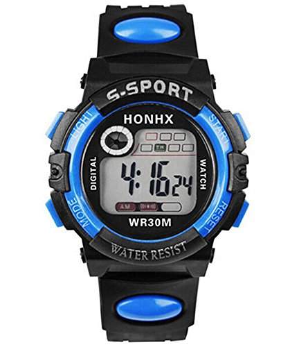 DAYAN Mode Maenner Frauen Unisex Sport Digital LED Quartz Alarm Day Date Gummi Armbanduhr Blau