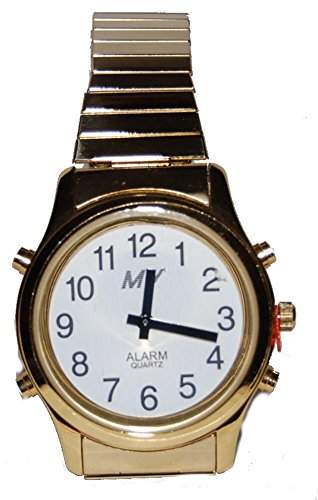 sprechende analoge unisex Armbanduhr Blindenuhr Zug-Armband Komplettdatum 38mm goldfarben HGM