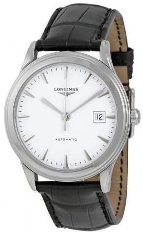 Longines Herren-Armbanduhr Armband Leder Schwarz Gehaeuse Edelstahl Automatik Zifferblatt Weiss L48744122