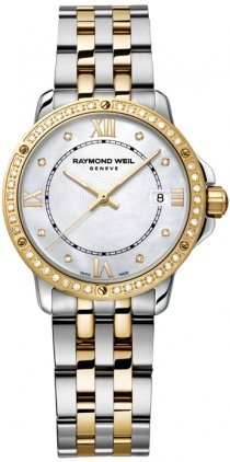 Neue Damen Raymond Weil Tango Edelstahl 18 K Gelb Gold PVD Diamanten Perlmutt Zifferblatt Armbanduhr 5391 sps 00995