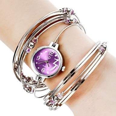 Silber Stahl Frauen mit Perlen Quarz Analog Armbanduhr Purpur