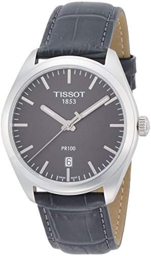 Tissot Herren-Armbanduhr Armband Leder Grau Gehaeuse Edelstahl Schweizer Quarz Analog T1014101644100