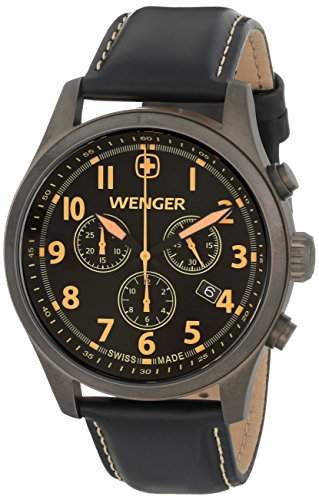 Wenger Herren 43mm Chronograph Schwarz Leder Armband Mineral Glas Uhr 0543104