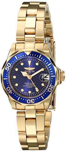 Invicta Pro Diver Damen-Armbanduhr Armband Edelstahl Gold + Gehaeuse Quarz Zifferblatt Blau Analog 17036
