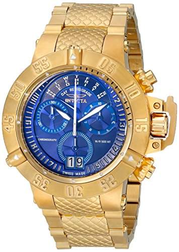 Invicta Herren-Armbanduhr 50mm Armband Edelstahl Gold GehÃ¤use + Schweizer Quarz Zifferblatt Blau 17617