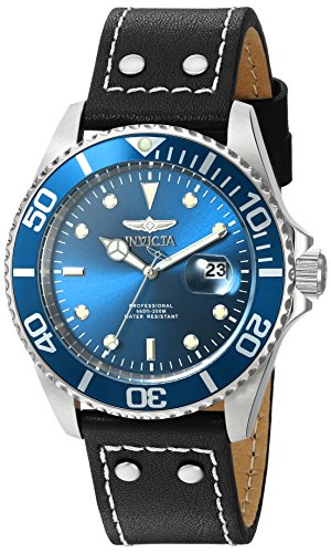 Invicta Pro Diver Armband Leder Schwarz Gehaeuse Edelstahl Quarz Zifferblatt Blau 22068