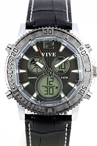 Exklusive Edelstahl Armbanduhr Herrenarmbanduhr mit Analoger und Digitaler Anzeige Double Time Big Banger mit Lederarmband in Schwarz