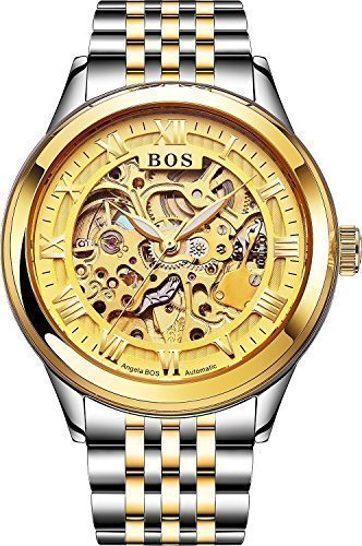 Angela Bos Automatische Skelett Armbanduhr fuer Herren selbstaufziehend Armband aus Edelstahl goldfarbenes Zifferblatt