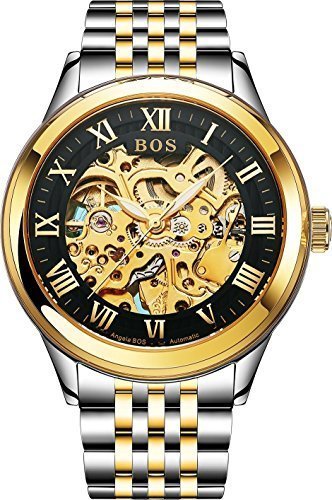 Angela Bos Automatische Skelett Armbanduhr fuer Herren in Schwarz selbstaufziehend goldfarbenes Armband aus Edelstahl