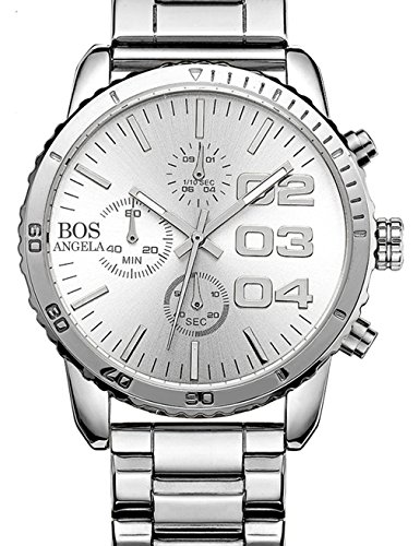 Angela Bos Mens Chronograph Analog Quartz Wrist Watch Black Dial Stainless Steel Bracklet 8013 White