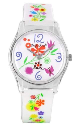 Pacific Time Damen-Armbanduhr Kunststoff Analog Quarz weiss Blumen 20505