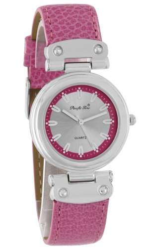 Pacific Time Damen-Armbanduhr Lederarmband gepraegt Analog Quarz silber pink 22113