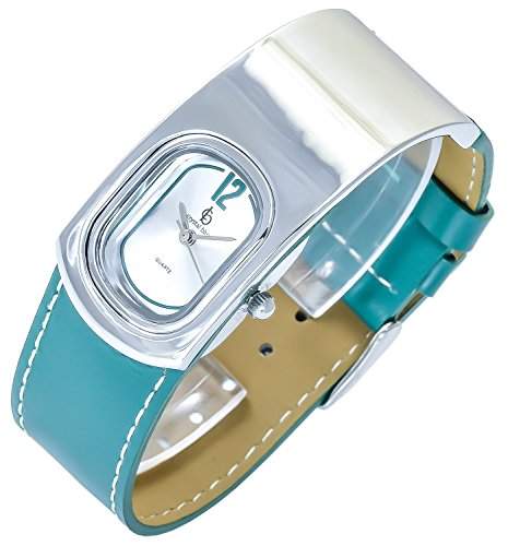 Crystal Blue Damenuhr Silber Gruen Analog Metall Leder Armbanduhr Quarz Uhr