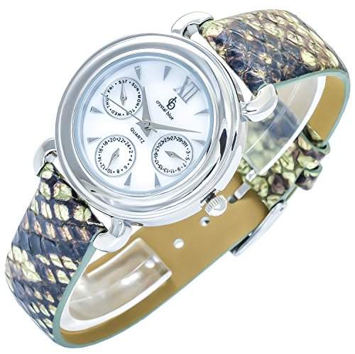 Crystal Blue Damenuhr Weiss Braun Analog Metall Leder Chrono-Look Armbanduhr Quarz Uhr