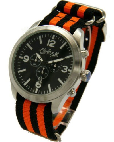 Claudio Calli Unisex Armbanduhren CAL 7756 Dummy Chronograph Schwarz und Orange Nylon Silber Analog Quarz