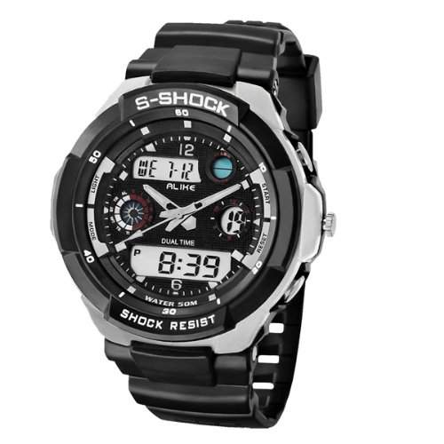 Pixnor Gleichermassen-AK1170 50M wasserdicht Dual-Time Herren Sport Digital Quarz Armbanduhr mit Datum Alarm Timer Silber