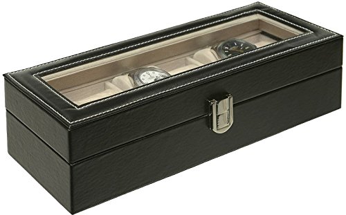 SAMGU schwarz Leder Uhrenbox 6 Faecher und weiche Kissen fuer Armbanduhr mit verschlussriemen Display Glas Top Schmuck Fall