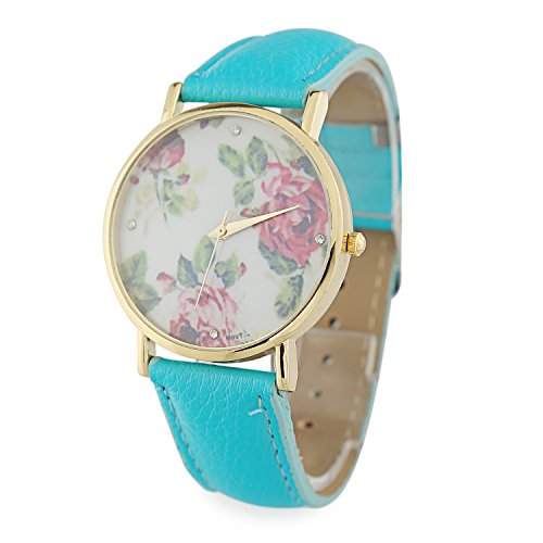 SAMGU PU Leder Fashion Casual Armbanduhr Retro Blumen Dame Quarz Uhr Farbe Blau
