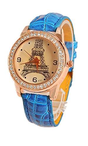 SAMGU Leder frauen Strass Uhren Damen Armbanduhr Kleid Eiffelturm Damen armband uhr Farbe Blau