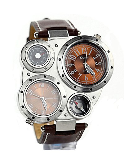 SAMGU Maenner Sportuhren Quarz Uhr Kompass Lederband Armbanduhren Multiple Time Zone Military Watch