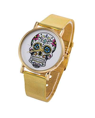 SAMGU Gold Mesh Armband Uhr Edelstahl Quarz Armbanduhr Unisex Frauen Mode Schaedel