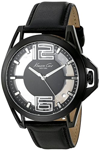 Kenneth Cole New York Herren Transparenz Quarz Edelstahl und Schwarz Leder Kleid Uhr Modell 10022526