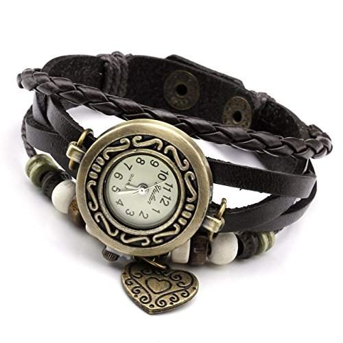 JSDDE Uhren,Vintage Wickelarmband Damen Armbanduhr Lederarmband Bronze Herz Anhaenger Holzperlen Analog Quarz Uhr, Dunkelbraun