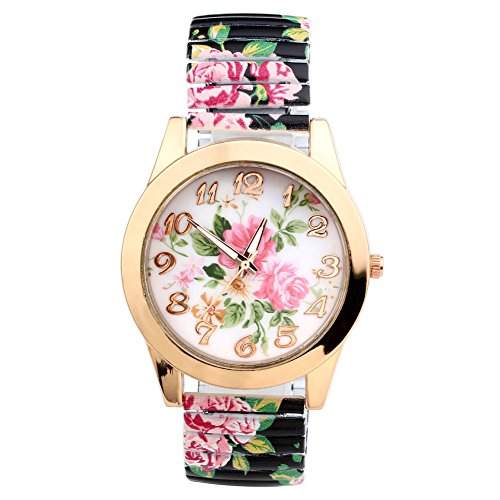 Schwarz Edelstahl Blume Flexband Damen Laessig Armbanduhr Basel-Stil Rose Rosegold Design Analog Quarz Uhr,Top Watch,JS Direct Uhren