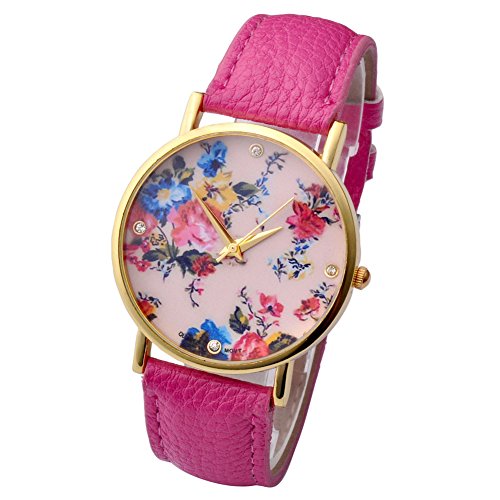 JSDDE Uhren Vintage Blume Basel Stil Quarzuhr Lederarmband Uhr Top Watch Rosa