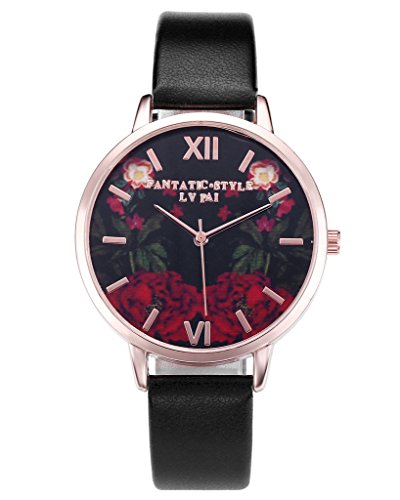 JSDDE Uhren Vintage Rot Rose Blumen Basel Stil Quarzuhr Lederarmband Rosegold Analog Quarzuhr Schwarz