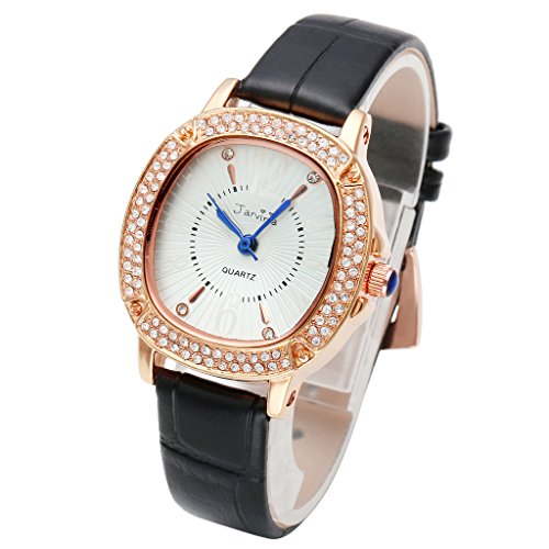 JSDDE Uhren Elegant Frauen Armbanduhr Strass Quadrat Echtleder Armband Rosegold Analog Qaurzuhr J630L Schwarz