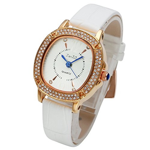 JSDDE Uhren Elegant Frauen Armbanduhr Strass Quadrat Echtleder Armband Rosegold Analog Qaurzuhr J630L Weiss