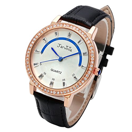 JSDDE Uhren Elegant Frau Strass Echtleder Armband Rosegold Analog Qaurzuhr J609M Schwarz