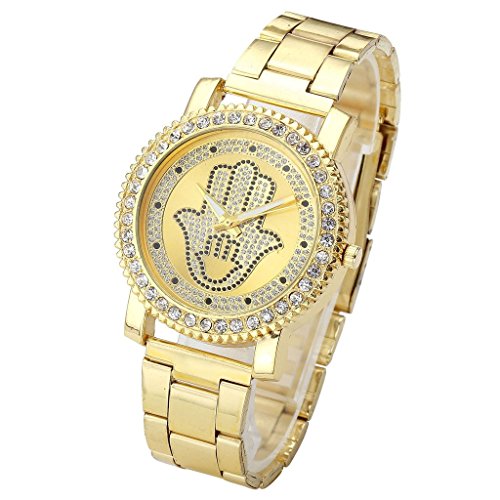 JSDDE Uhren Elegant Armbanduhr mit Strass Hamsa Hand Klassisch Edelstanl Armband Analog Quarzuhr Golden