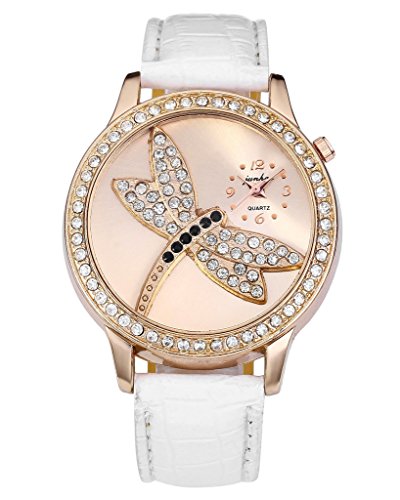 JSDDE Uhren Elegant Damen Strass Armbanduhr Libelle Muster Kunstleder Rosegold Analog Quarz Uhr Weiss