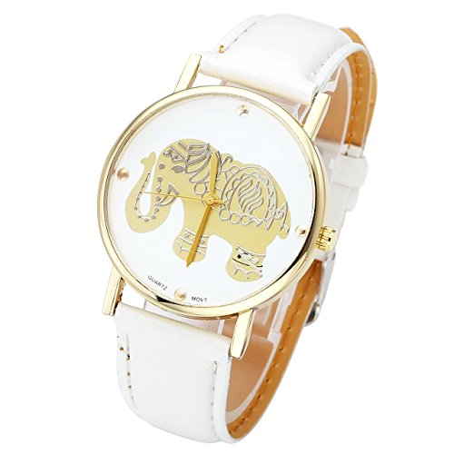JSDDE Uhren Fashion Golden Elefant Muster PU Lederband Nieten Analog Quarzuhr Weiss
