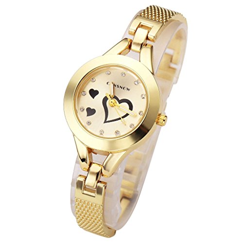 JSDDE Uhren Elegant Damen 3 Herz Herzen Muster Armbanduhr mit Strass Metall Band Analog Qaurzuhr Armreif Uhr Gold