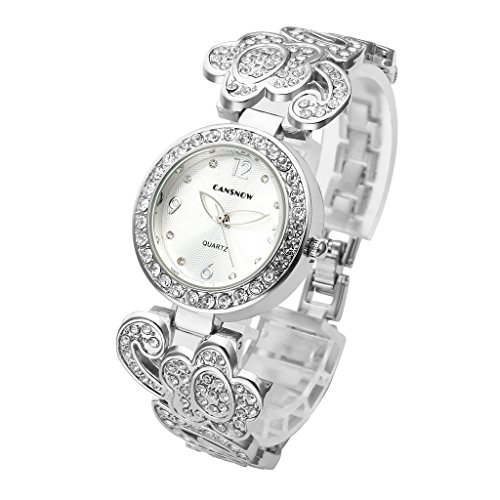 JSDDE Uhren Elegant Frau Damen Armreif Armbanduhr mit Strass Blumen Metallarmband Analog Qaurzuhr Silber