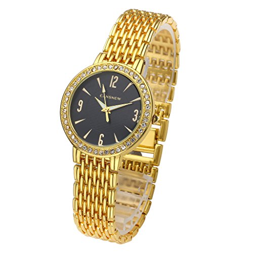 JSDDE Uhren Elegant Strass mit Metallarmband Analog Qaurzuhr Armband Armreif Uhr Gold Schwarz