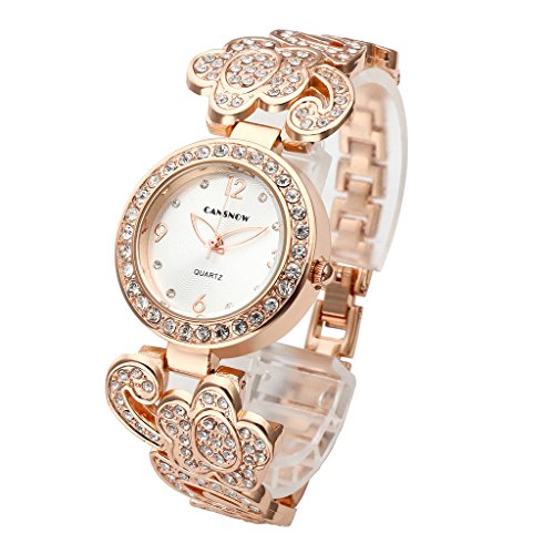 JSDDE Uhren Elegant Frau Damen Armreif Armbanduhr mit Strass Blumen Metallarmband Analog Qaurzuhr Rosegold