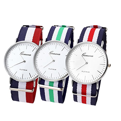 JSDDE Uhren 3x Genf Herren Nylon Textil Band Durchzugsband Analog Quarzhr Chronograph Watch Uhr Set